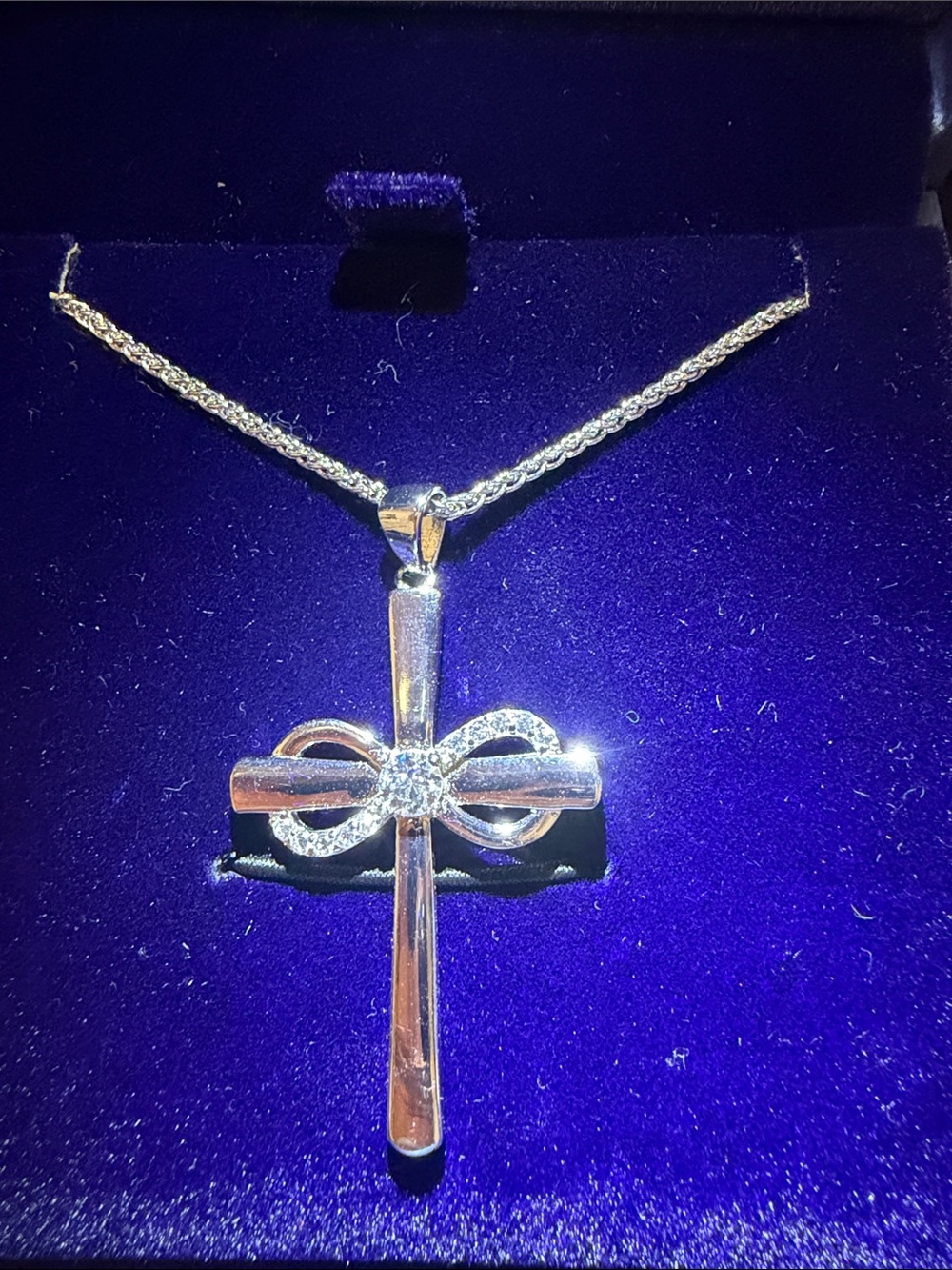 Sterling Cross Pendant Necklace with Bow Accent - Silver